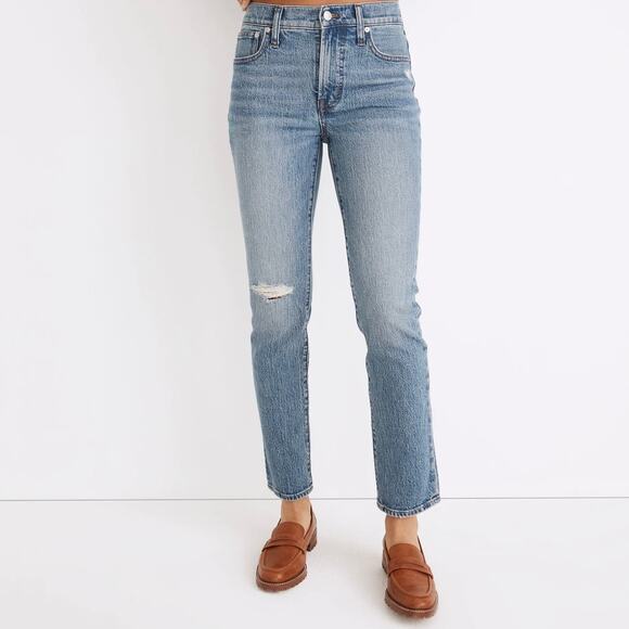 Madewell Denim - Madewell Mid-Rise Perfect Vintage Jean Ainsdale Blue Denim Jeans Ripped Knee 24
